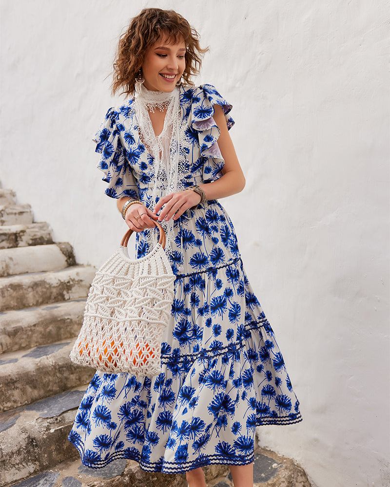 Deep V Neck Solid Print Ruffle Short Sleeve Top Long High Waist Long Skirts Sets