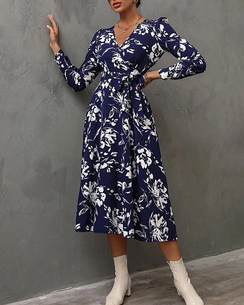 Long-sleeved Floral V-neck Midi Dress