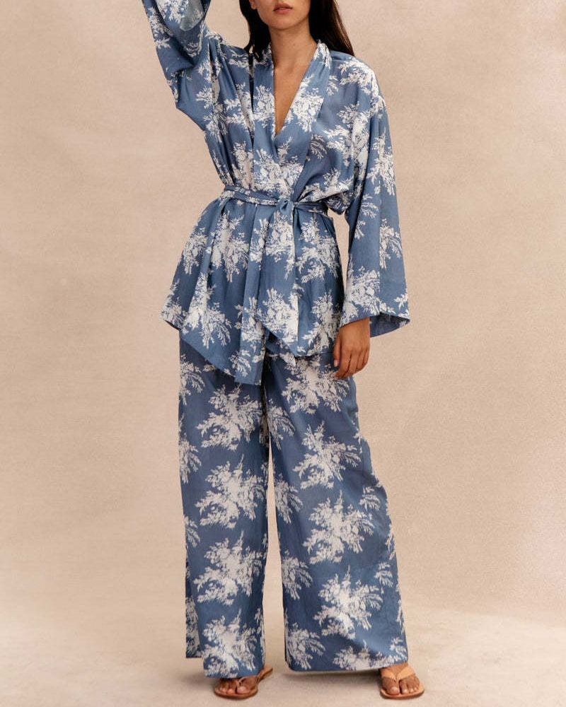 Printed Strappy Long-sleeved Cardigan Shirt Shorts Set Casual Pants Set