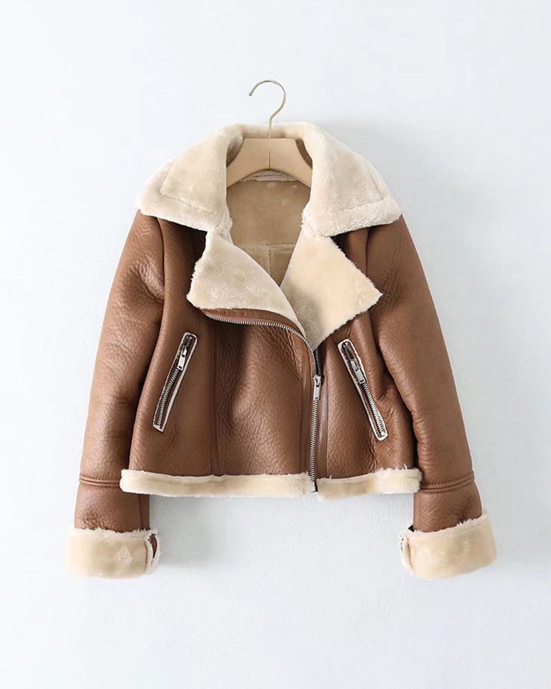 Short Lapel Collar Leather Thickened Warm Jacket