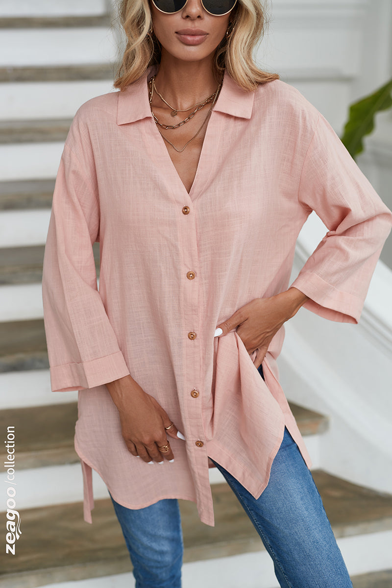Rolled Up Sleeve Side Knot Button Shirt