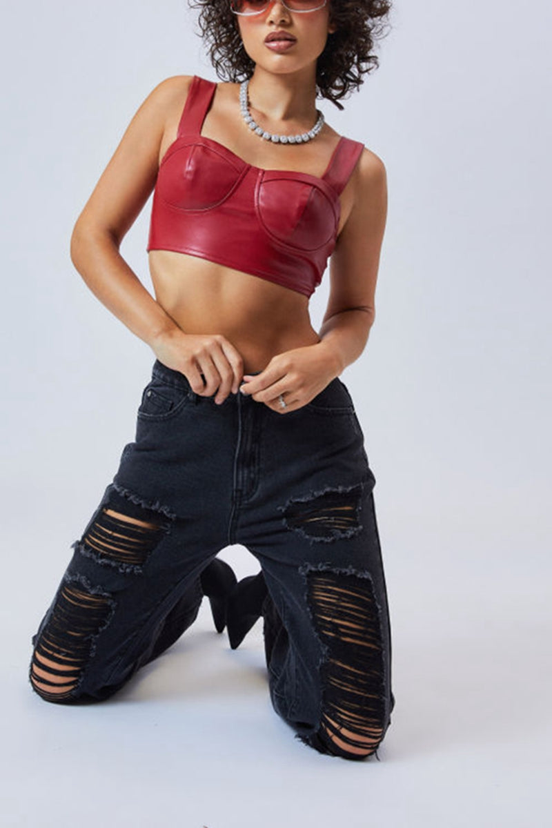Faux Leather Zipper Crop Tank Top