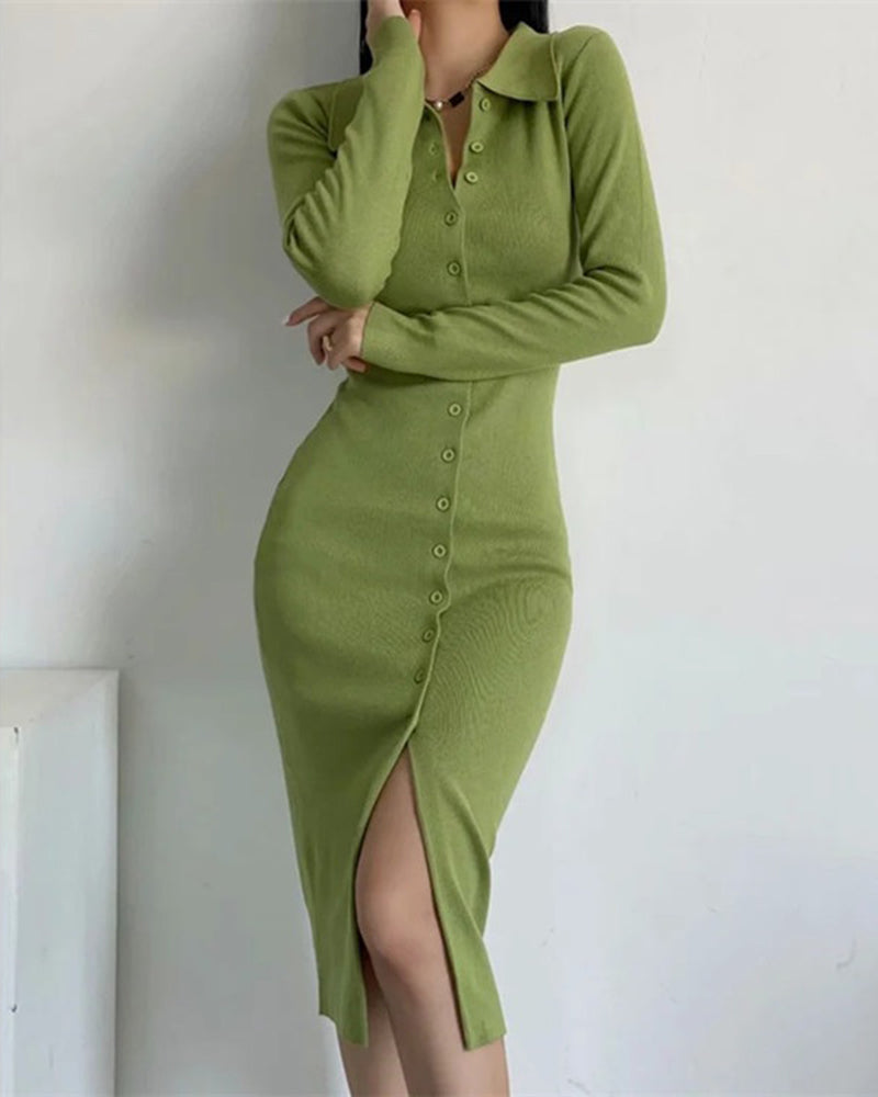Sexy Button Retro Long-sleeved Knitted Dress