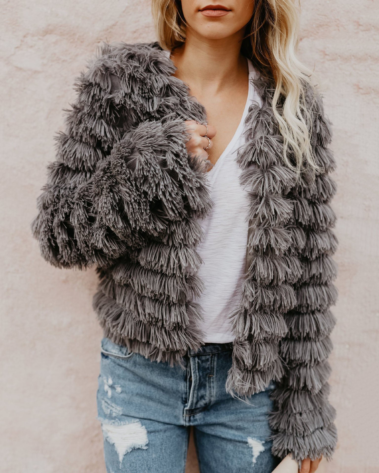 Women Open Front Teddy Faux Fur Coat Cute Jacket