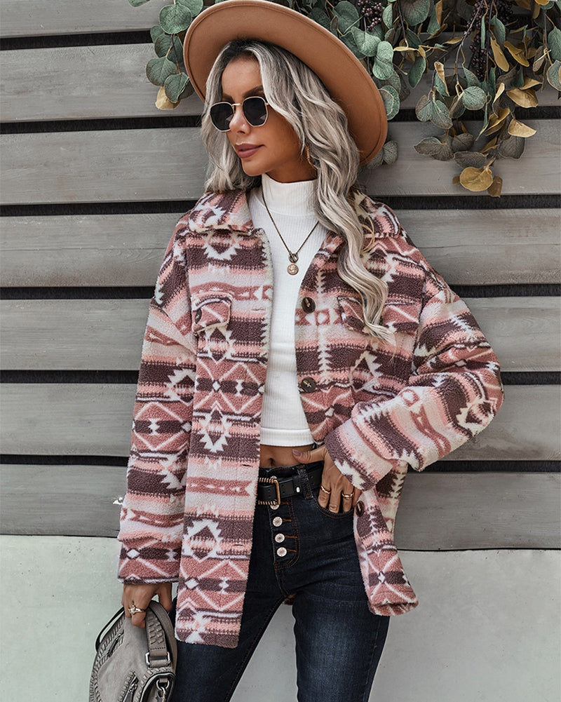 Geo Pattern Double Pocket Coral Fleece Coat