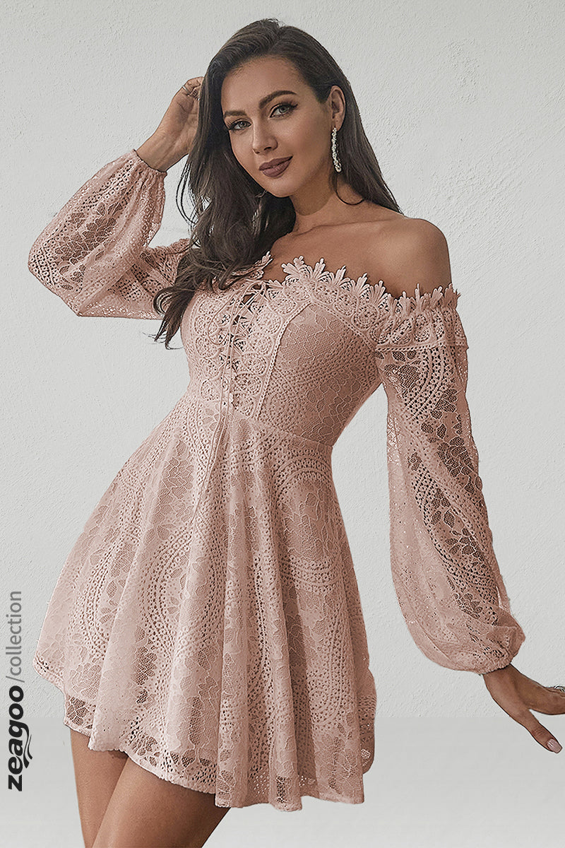 Off Shoulder Lace Up Front Lantern Sleeve Lace Dress