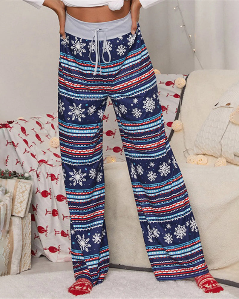 Loose Lace-up Christmas Printed Pajama Pants