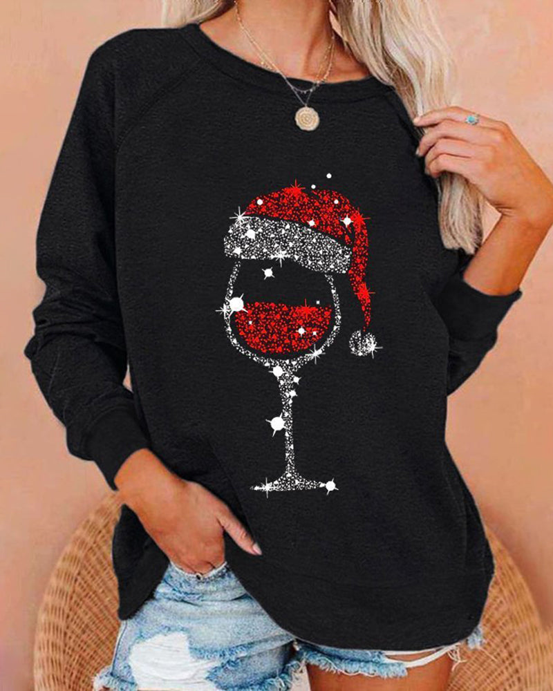 Christmas Cup Hat Print Round Neck Sweatshirts