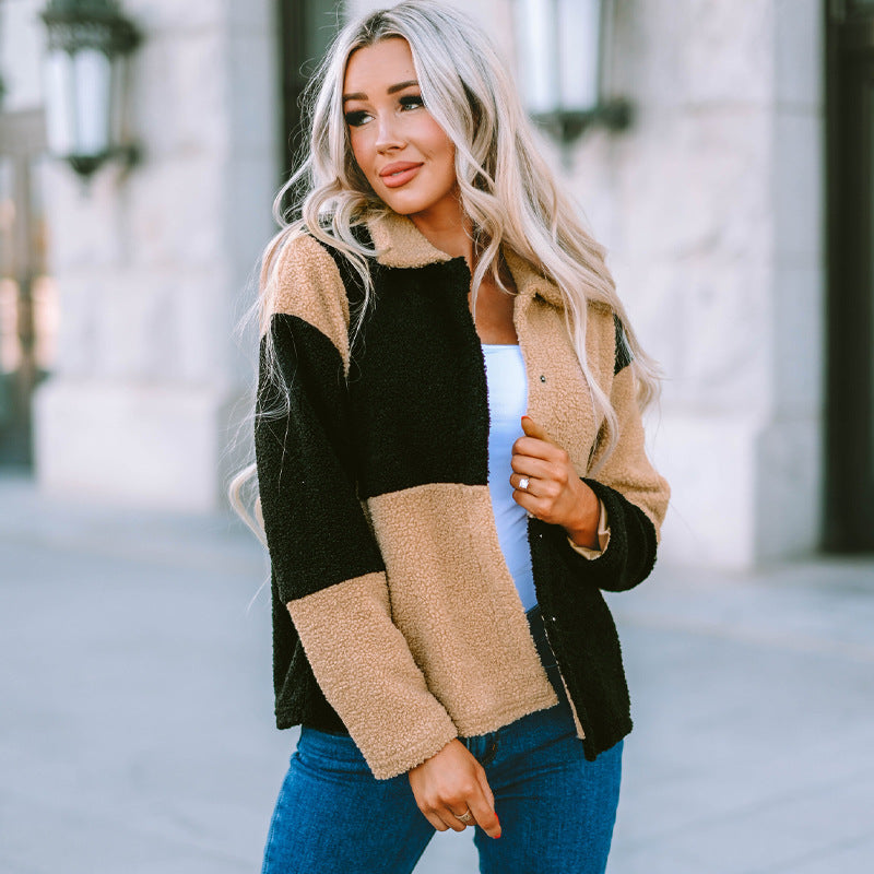 Warm Woolen Color Block Buckle Jacket