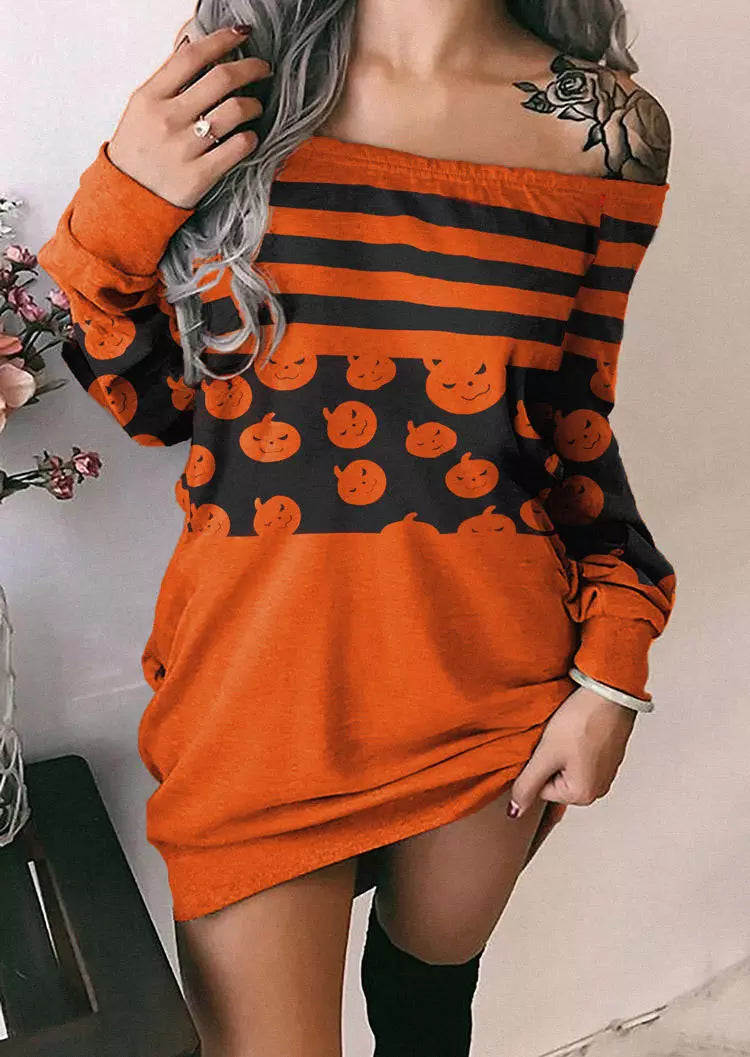 Pumpkin Face Striped Sweatshirt Mini Dress