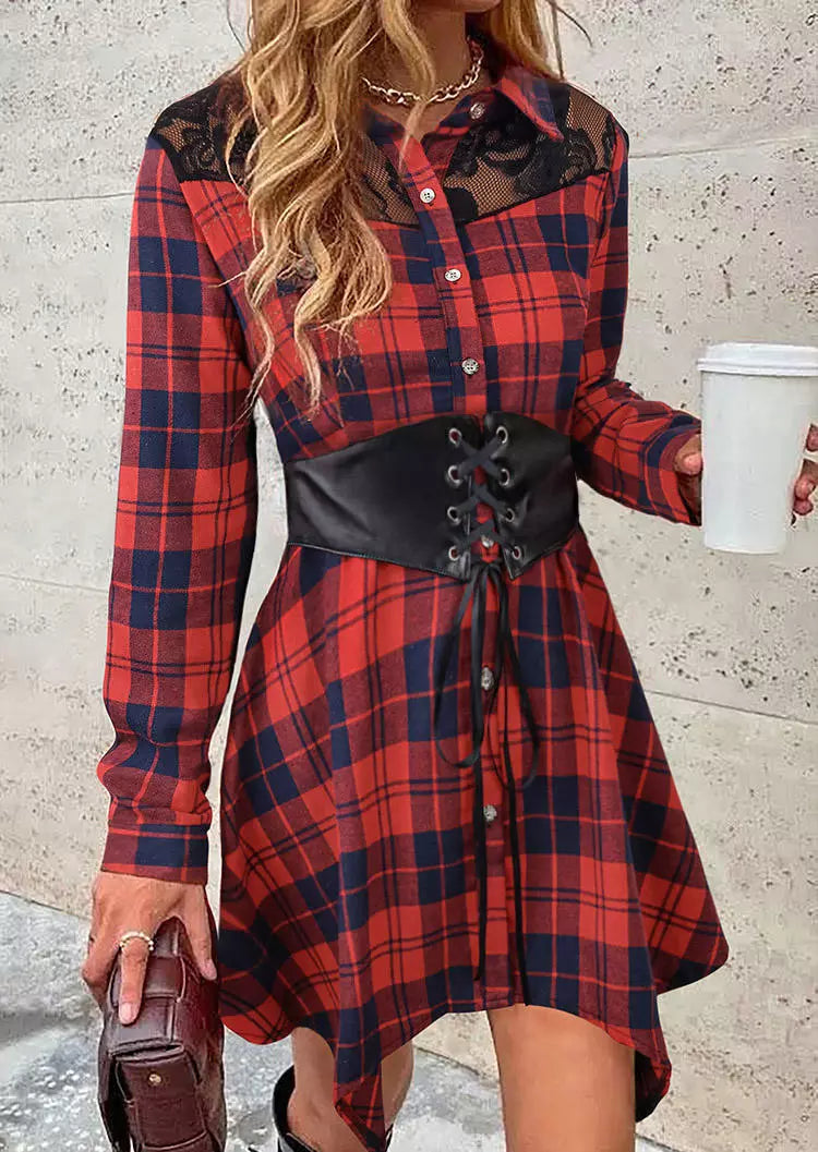 Plaid Lace Splicing Button Lace Up Mini Dress