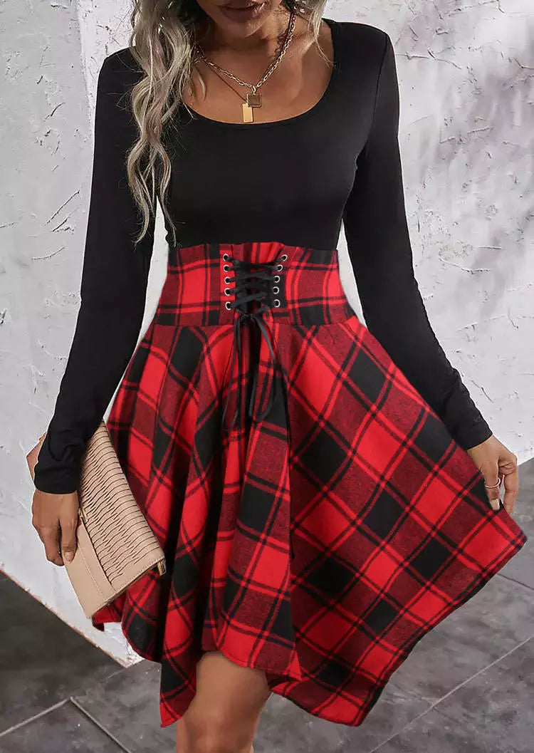 Plaid Lace Up Zipper Long Sleeve O-Neck Mini Dress