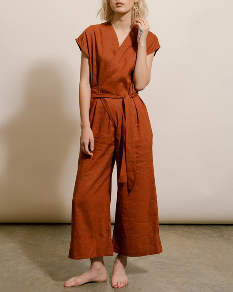 Retro Solid Color Loose Jumpsuit Lace Up Casual Wide Leg Pants
