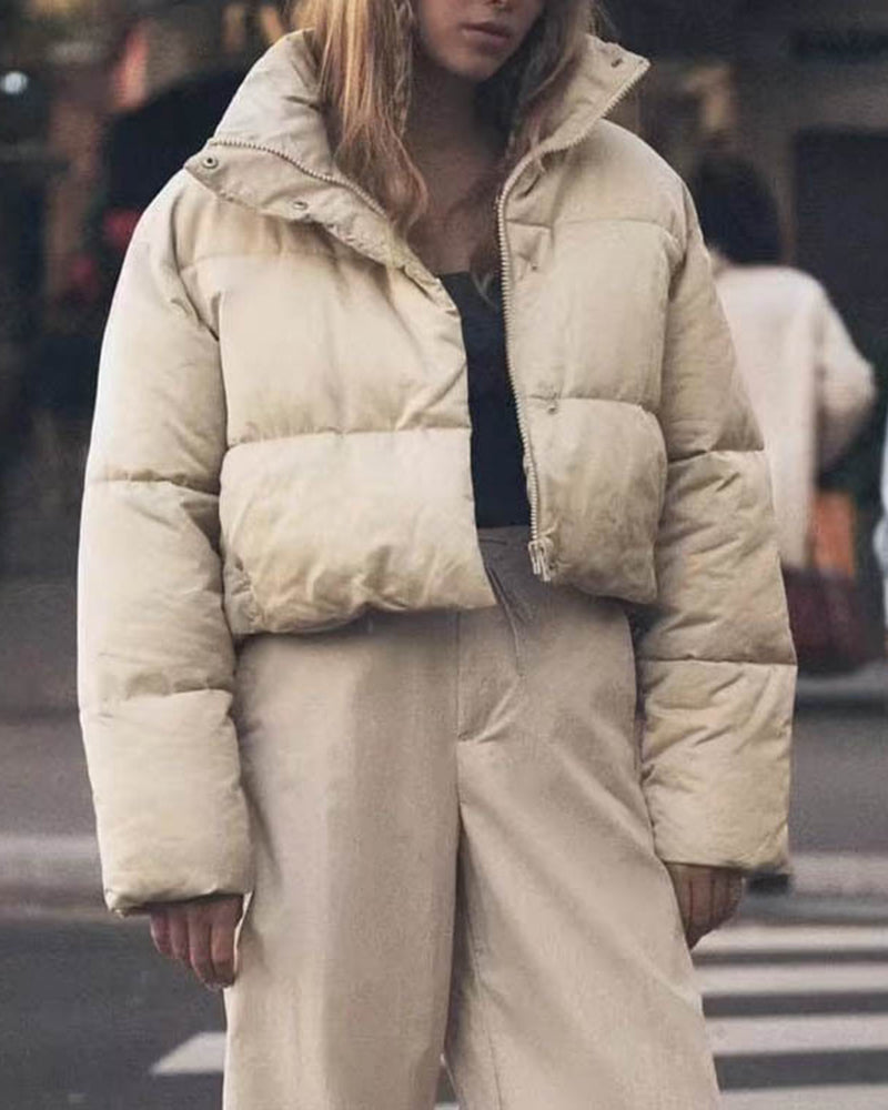 Stand-up Collar Solid Color Short Cotton Jacket