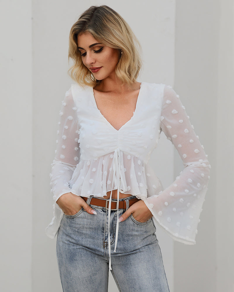 Flounce Sleeve Ruched Knot Swiss Dot Peplum Top