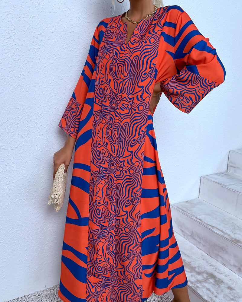Bohemian V-neck Long Sleeve Midi Dress