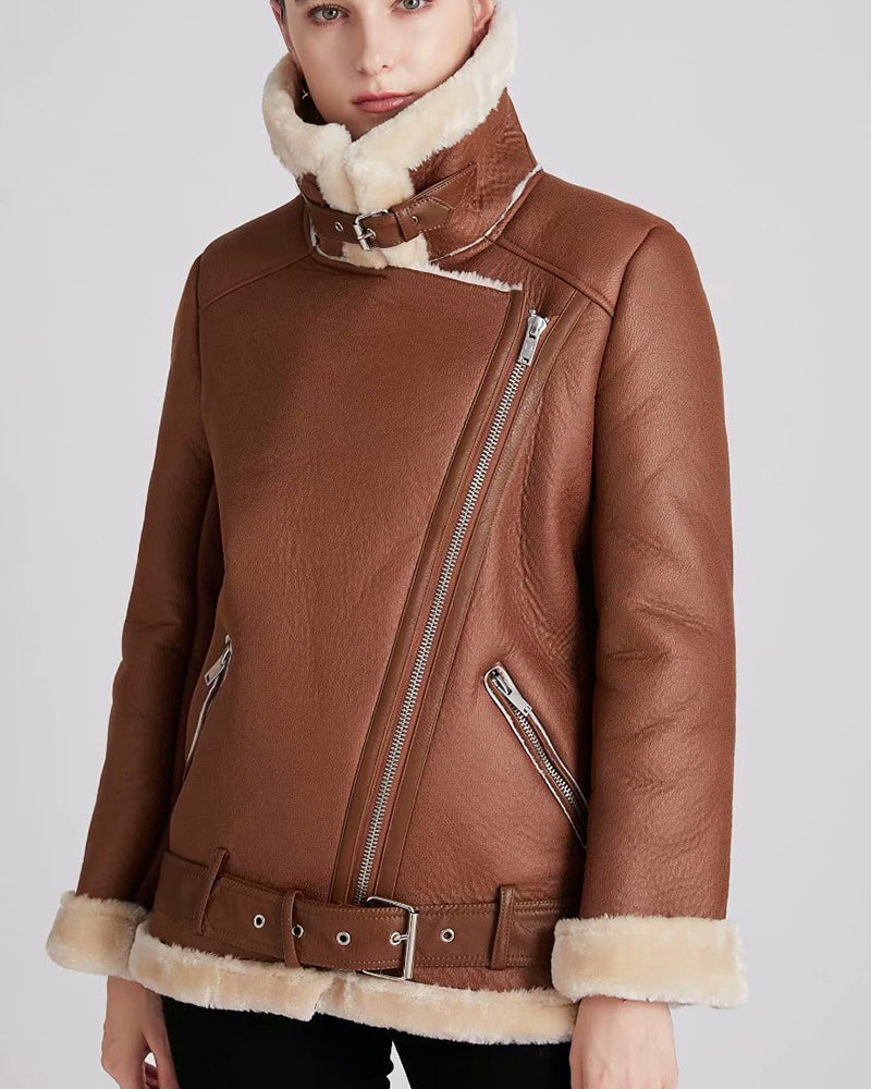Lapel Collar Leather Thickened Warm Jacket