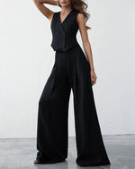 Solid Color Two-Piece Set Casual Black Sleeveless Crop Vest Long Straight Pants Suits