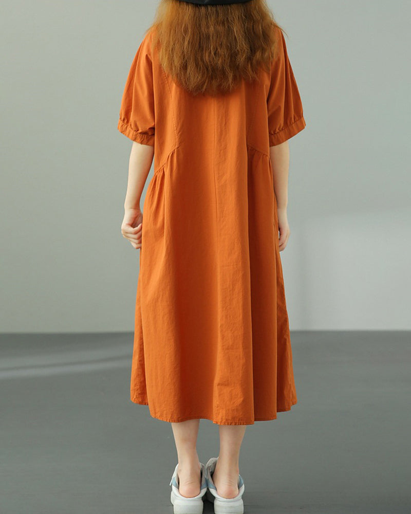 Summer Short Sleeve VNeck Solid Cotton Casual Dress with Pockets Zeagoo