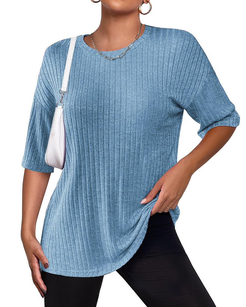 Zeagoo Ribbed Knit Short Sleeve Casual Tunic Tops