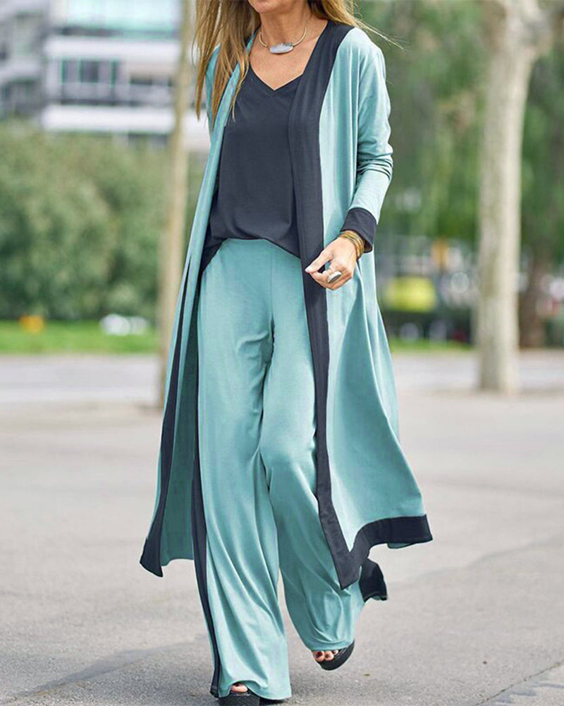 Pure Color Long Cardigan Tops Loose Trousers Three-piece Suit