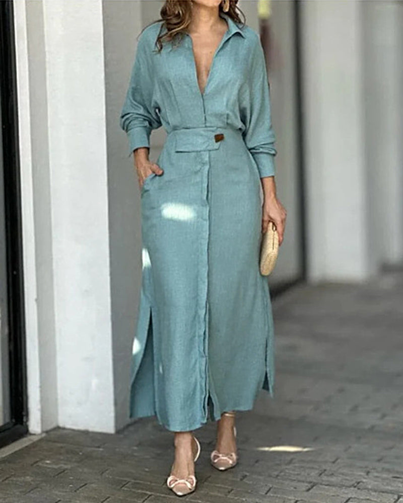 Slit Solid Women's Shirt Dress Elegant Casual Lape Long Sleeve Maxi Dr