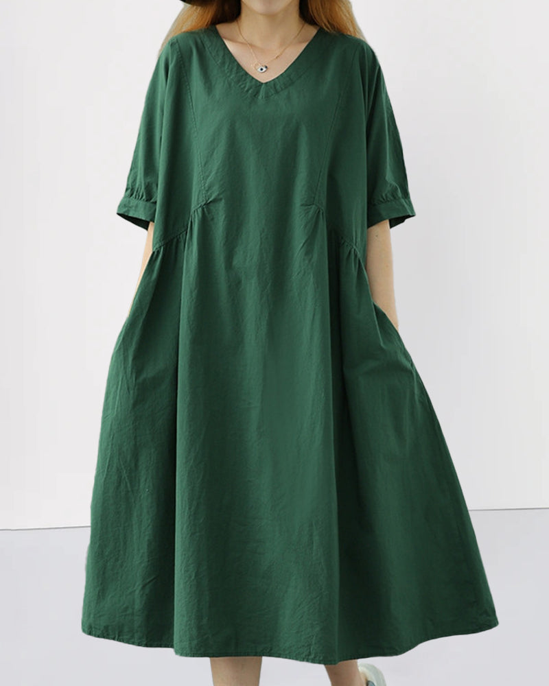 Buttoned V-Neck Solid Casual Dresses