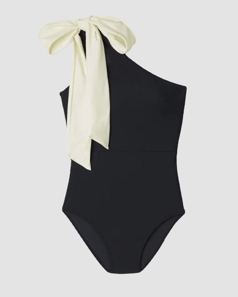 Bow Shoulder Ruched Sidestroke Swimsuit One Piece ZEAGOO bow-shoulder-ruched-sidestroke-swimsuit-one-piece-zeagoo