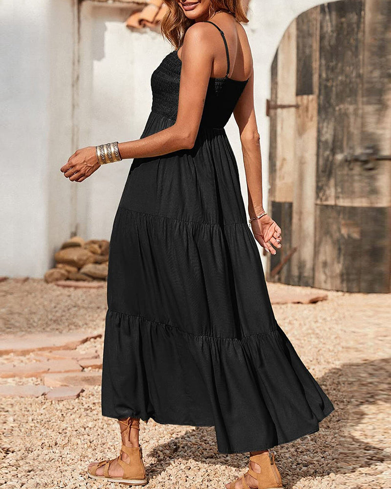 Bohemian Long Dress Spaghetti Strap Solid Swing Beach Sleeveless Maxi Zeagoo 