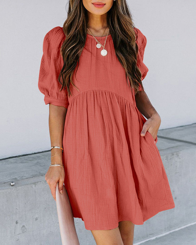 Summer Puff Sleeves Ruffled High Waist Button Cute Babydoll Dress – ZEAGOO