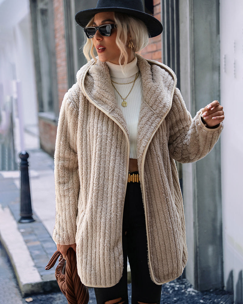 Open Front Hooded Teddy Coat