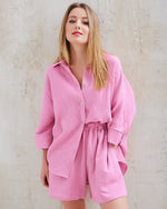 Zeagoo 2 Piece Outfits Solid Color Loose Long Sleeve Button-Down Shirt High Waisted Shorts Set