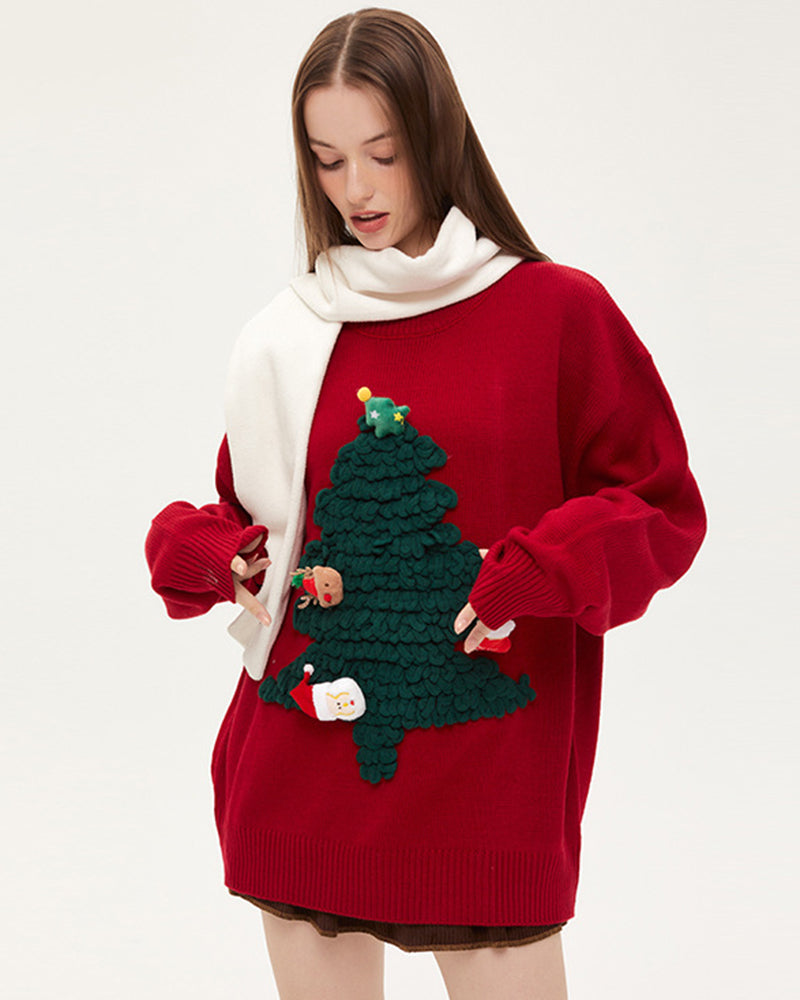 Christmas Tree Cartoon Red Women Sweater