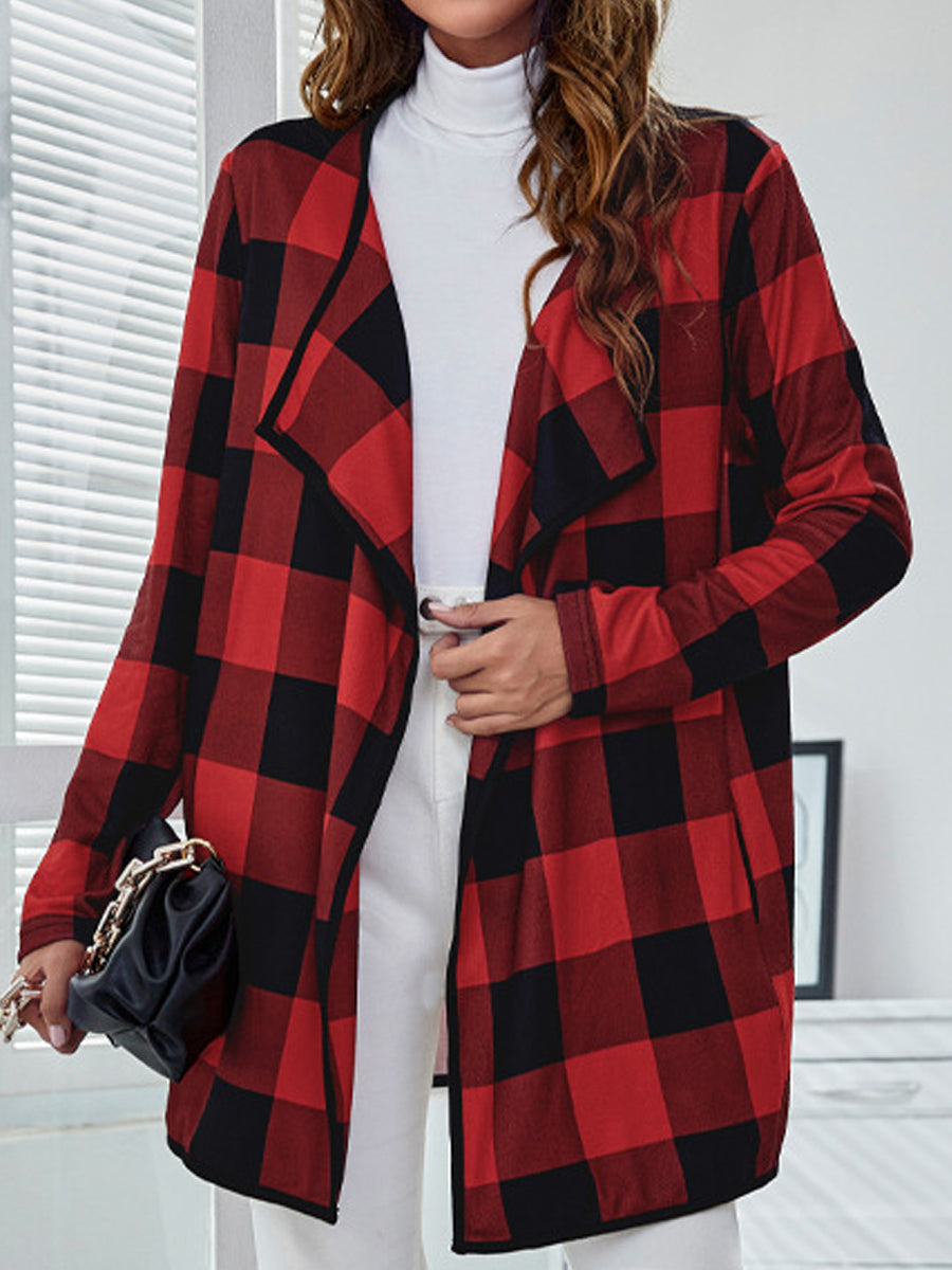 Casual Loose Plaid Printed Long Sleeve Pocket Cardigan