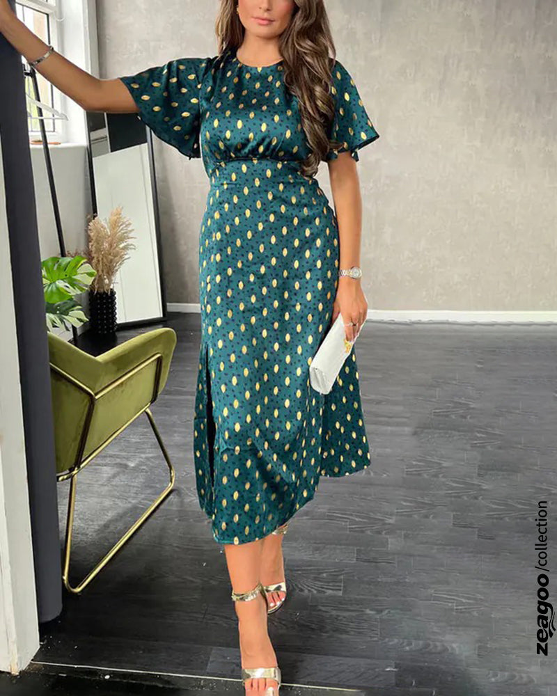 Emerald Foil Angel Sleeve Split Leg Midi Dress
