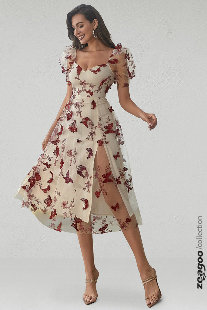 Butterfly Embroidery Puff Sleeve Split Thigh Mesh Dress