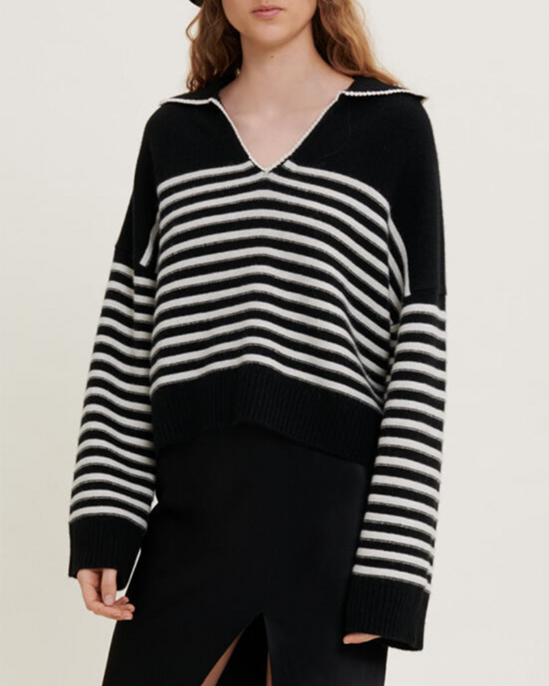 Lapel Striped Casual Cashmere Sweater