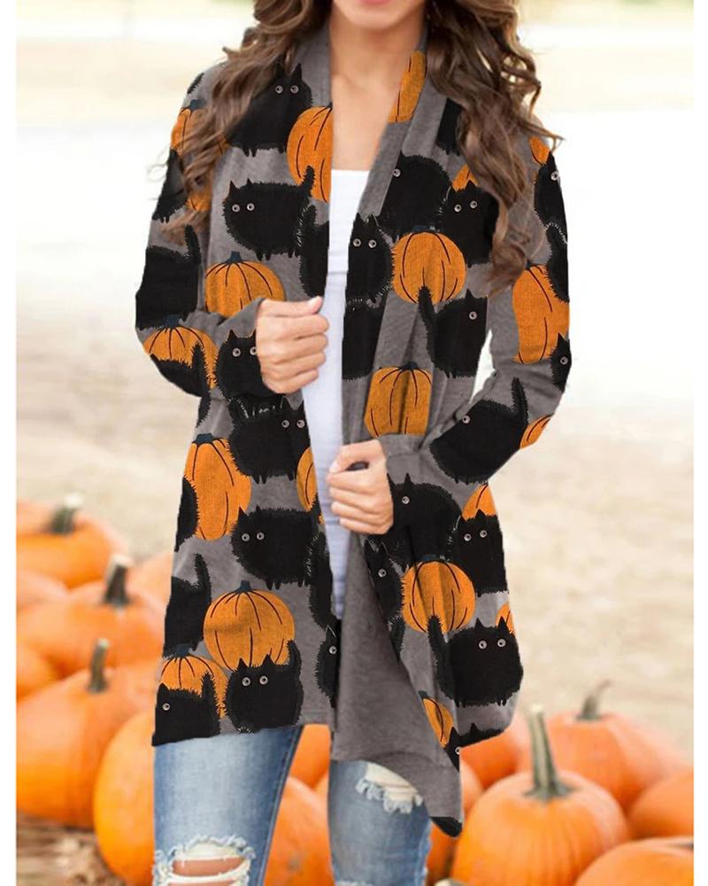 Pumpkin Cat Print Long Sleeve Cardigan