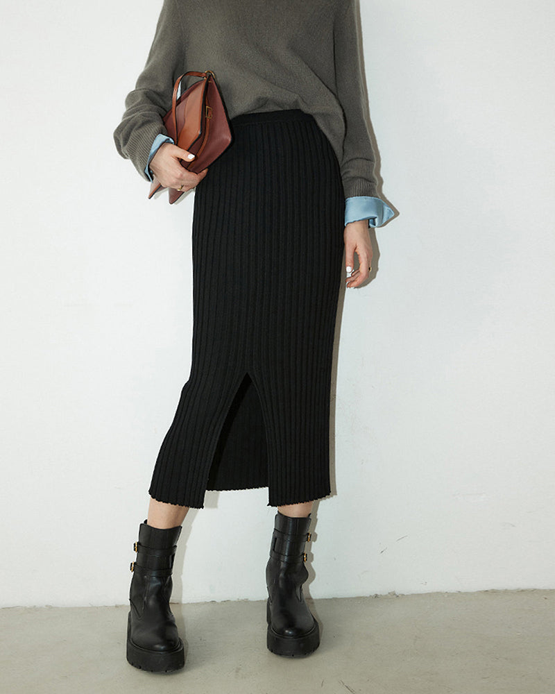 High Waist Mid-length Split Screw Knitting Skirt
