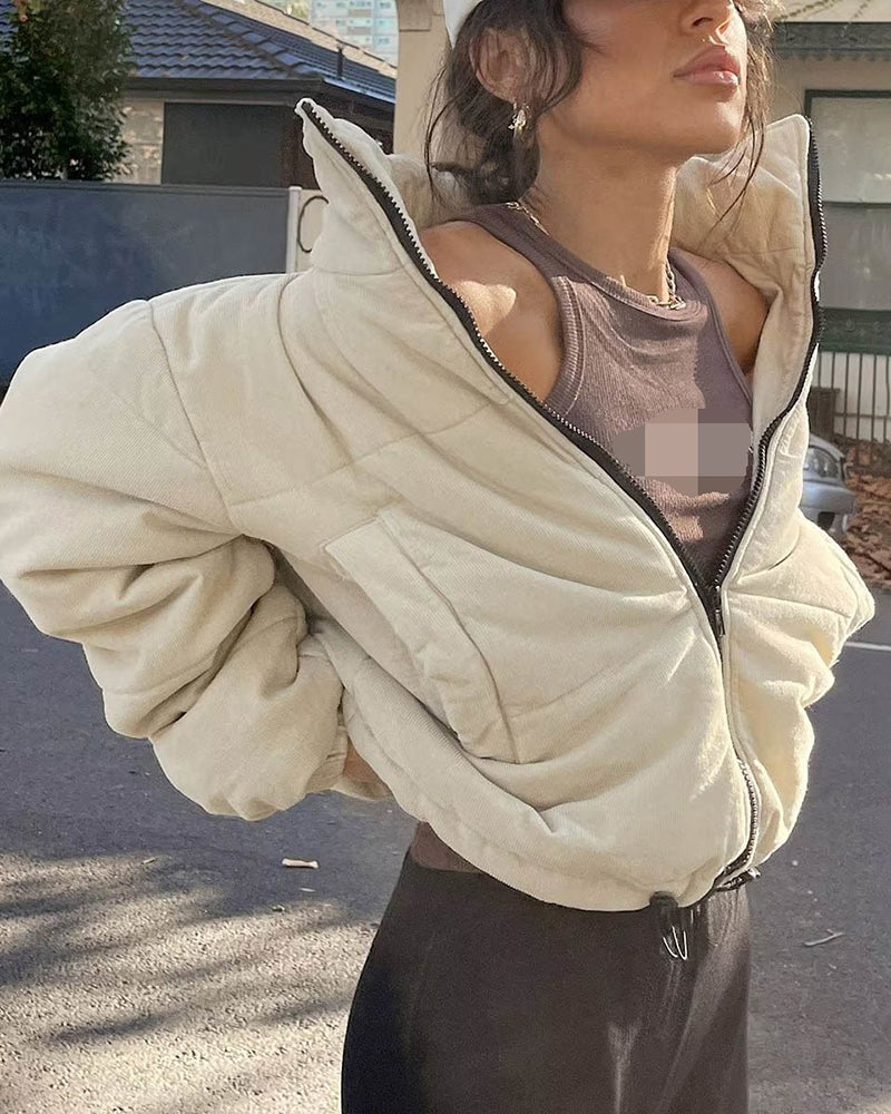 Stand Collar Zipper Drawstring Cotton Coat