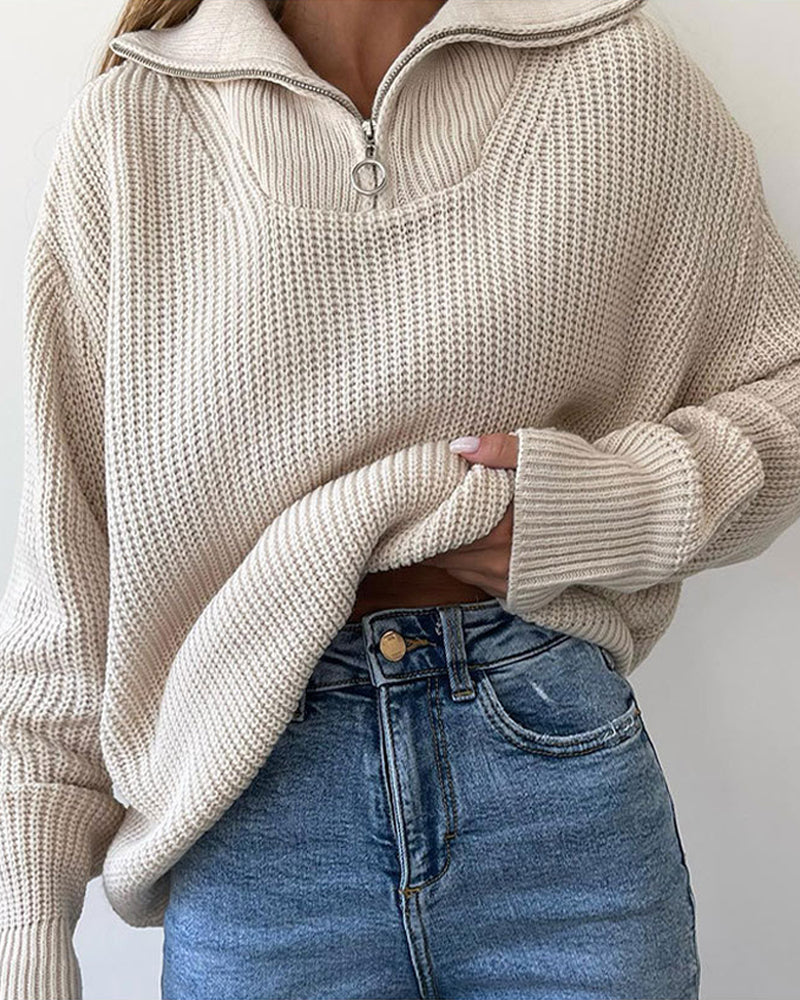 Mock Neck Zip-Up Loose Pullover Sweater