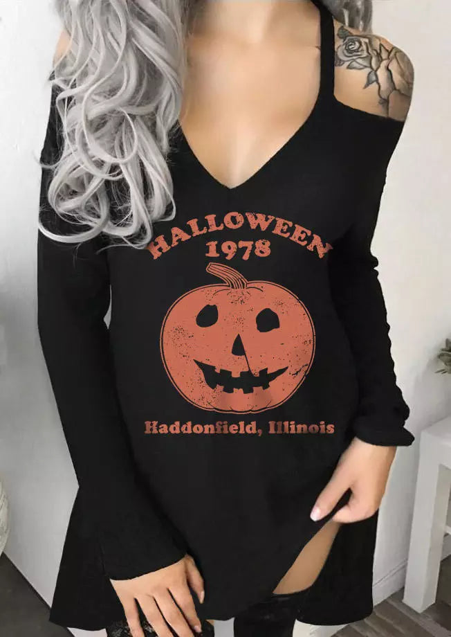 Pumpkin Face Cold Shoulder Mini Dress