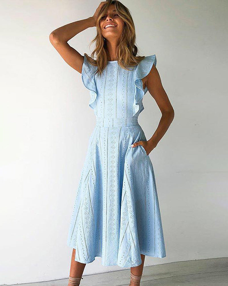 Round Neck Sleeveless Flounce Lace Dress