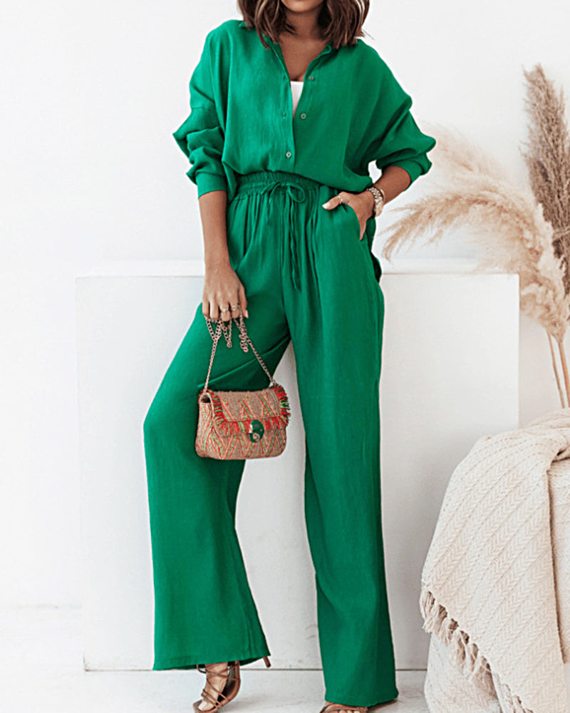 Two Piece Set Casual Lounge Long Sleeve Button Shirt Top High Waist Loose Pants