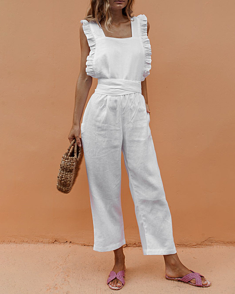 Ruffle Trim Belted Jumpsuit
