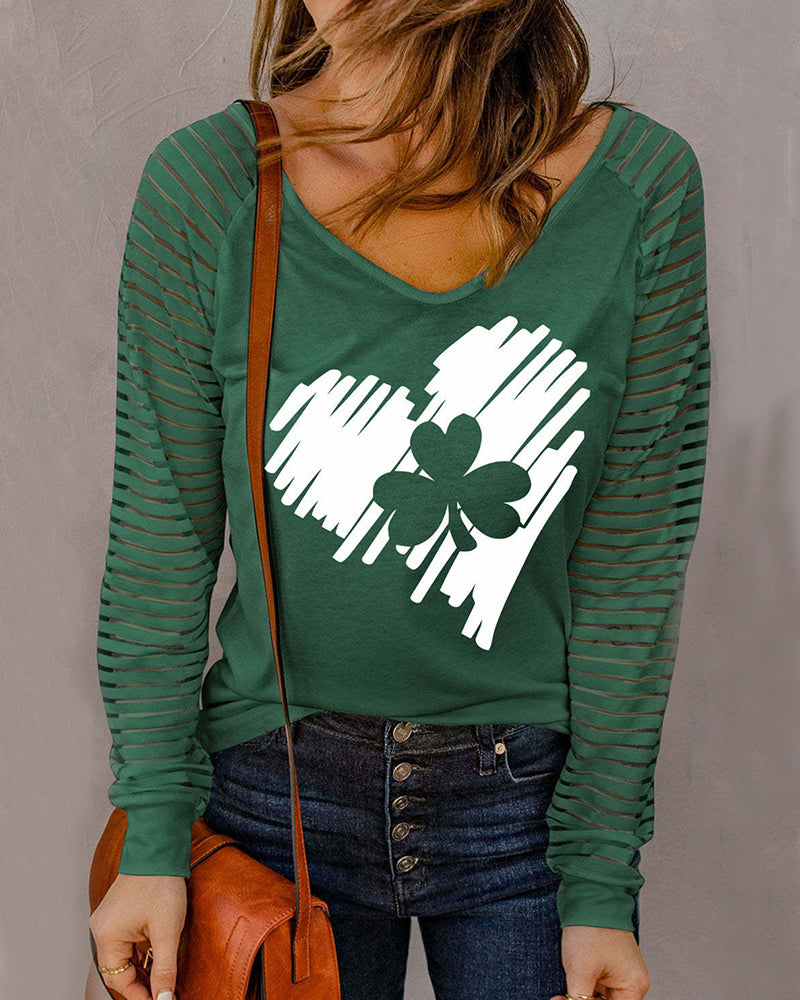 St Patrick's Day Green Clover Heart Shaped Striped V-neck Shift Casual Long-sleeve Top