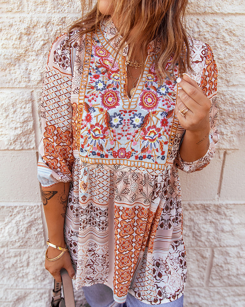 Boho V Neck Top Loose Floral Print Long Sleeve Beach Shirt