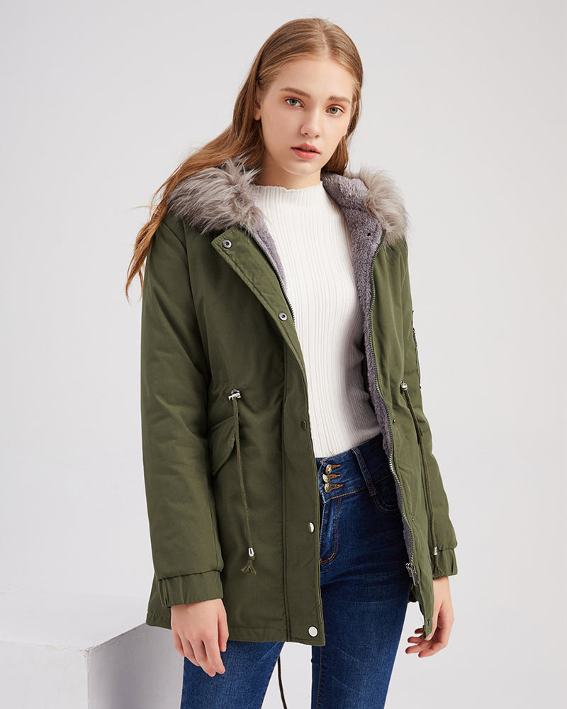 Fleece Pockets Zip Up Drawstring Parka Jackets