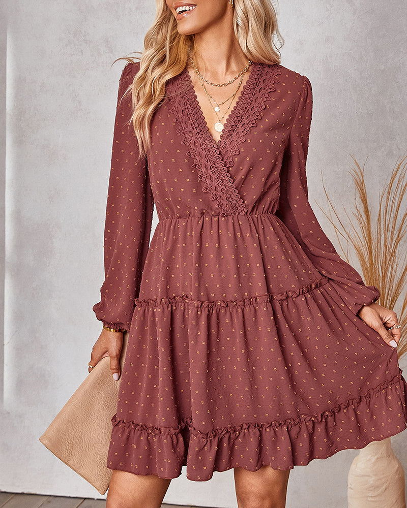V Neck Dot Short Dress Puff Long Sleeves Tunic Tiered Swing Dress with Lace Stitching