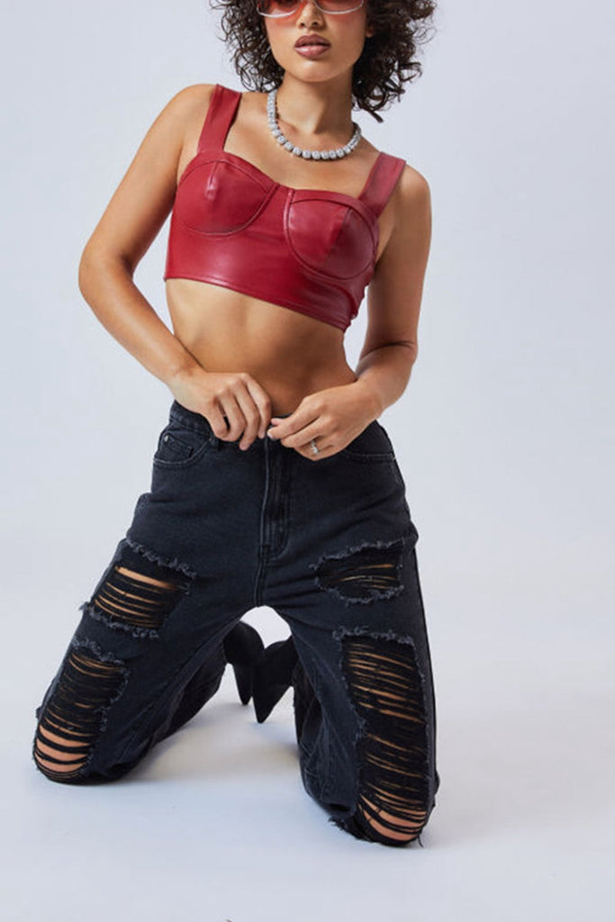 Faux Leather Zipper Crop Tank Top